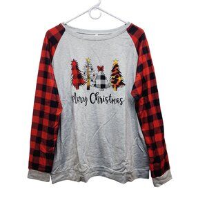 Christmas Graphic Raglan Womens Shirt Plaid Sleeves Gray/Red Size 2XL Womens Top